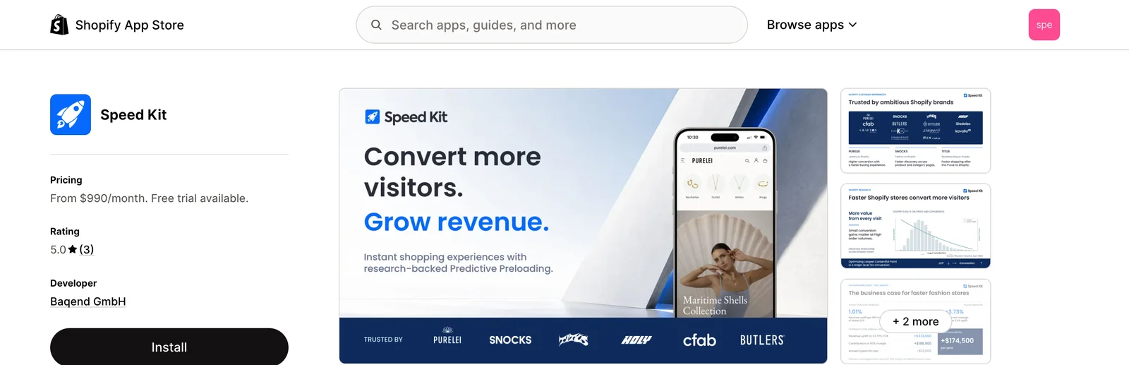 Speed Kit's page in the Shopify App Store with the Install button.