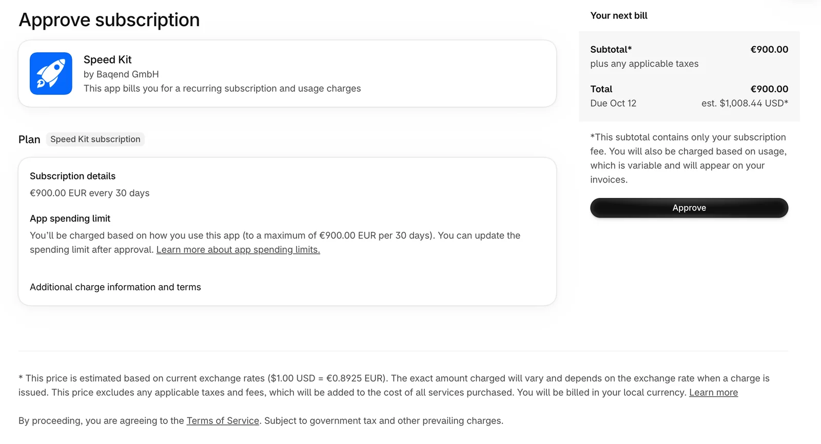 Shopify's “Approve subscription” page for Speed Kit with the plan, the next bill and the Approve button.
