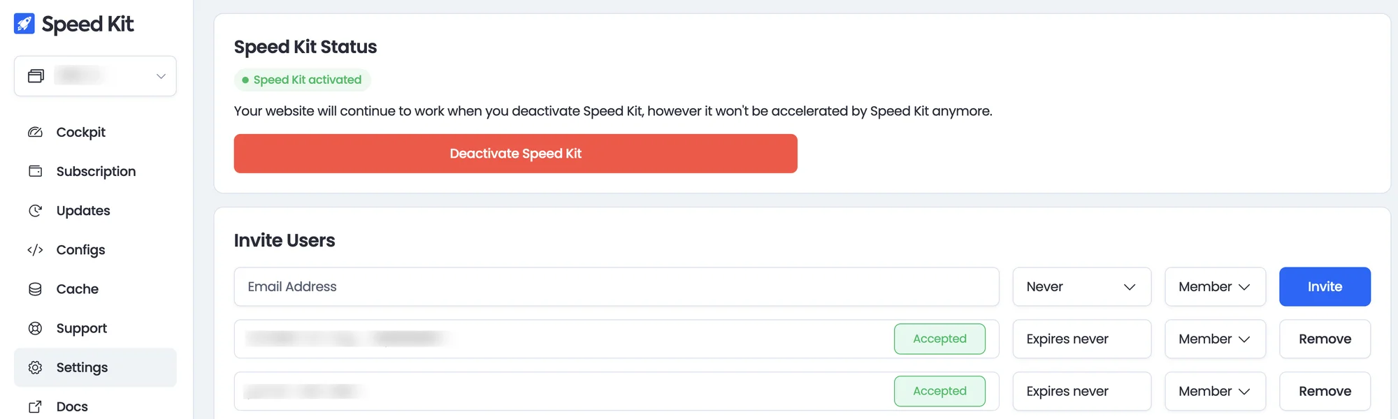 The Speed Kit dashboard with Settings open: the Invite Users section with an email field, the expiry Never, the role Member and the Invite button.
