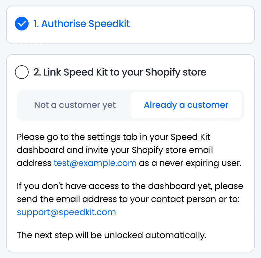 Wizard card “Link Speed Kit to your Shopify store” with the tab “Already a customer” selected.