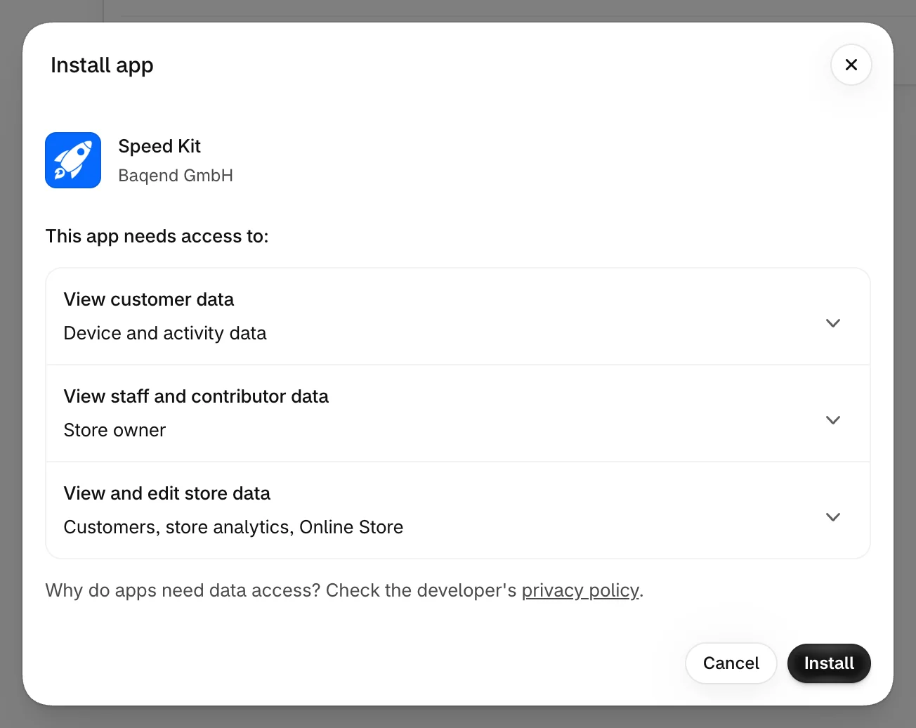 Shopify's “Install app” dialog for Speed Kit by Baqend GmbH, listing the data access the app needs, with the buttons Cancel and Install.