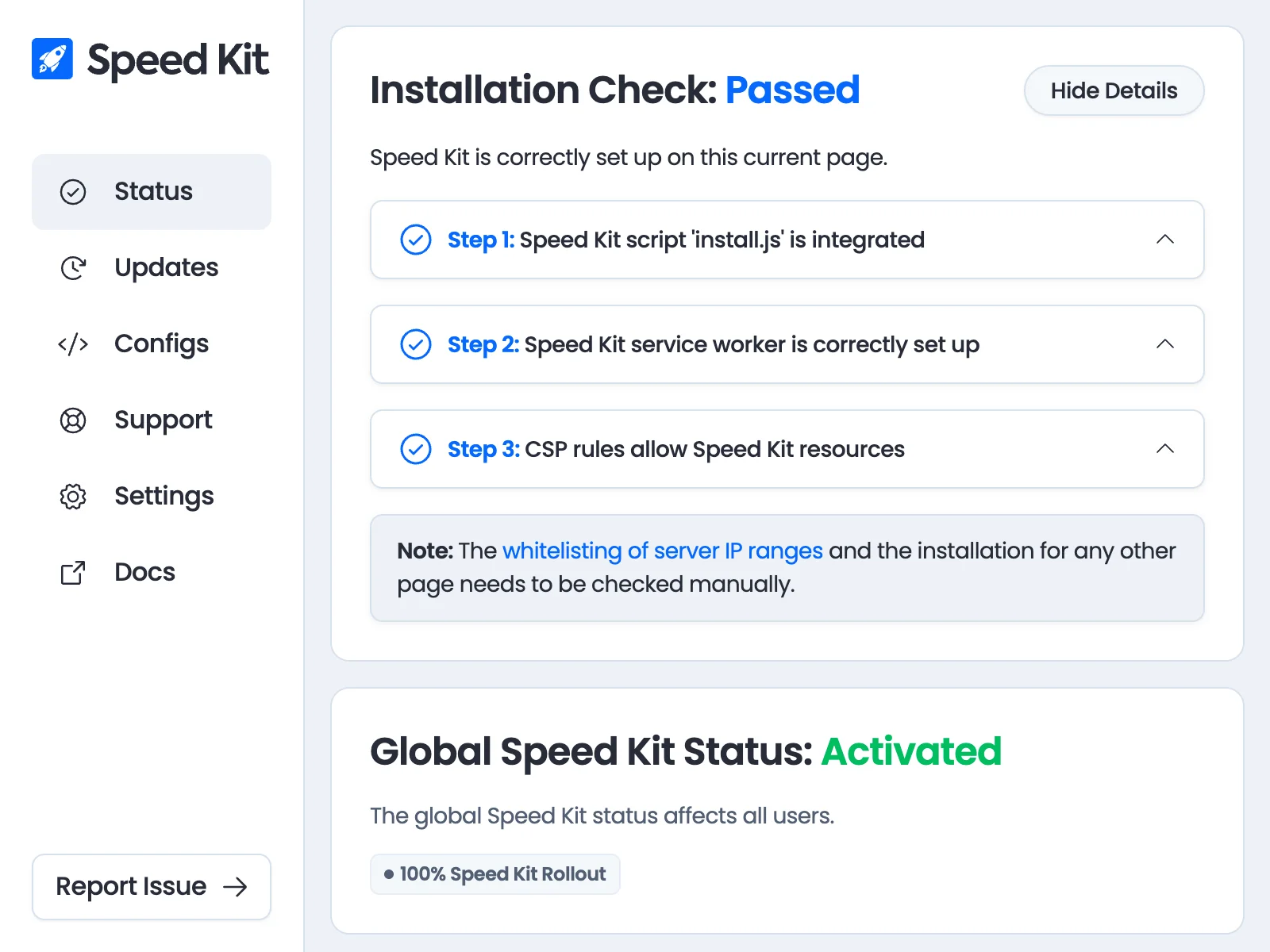 The Speed Kit Chrome extension on a Shopify store: Installation Check Passed, with blue checkmarks for the install.js script, the service worker and the CSP rules, and the global Speed Kit status Activated.